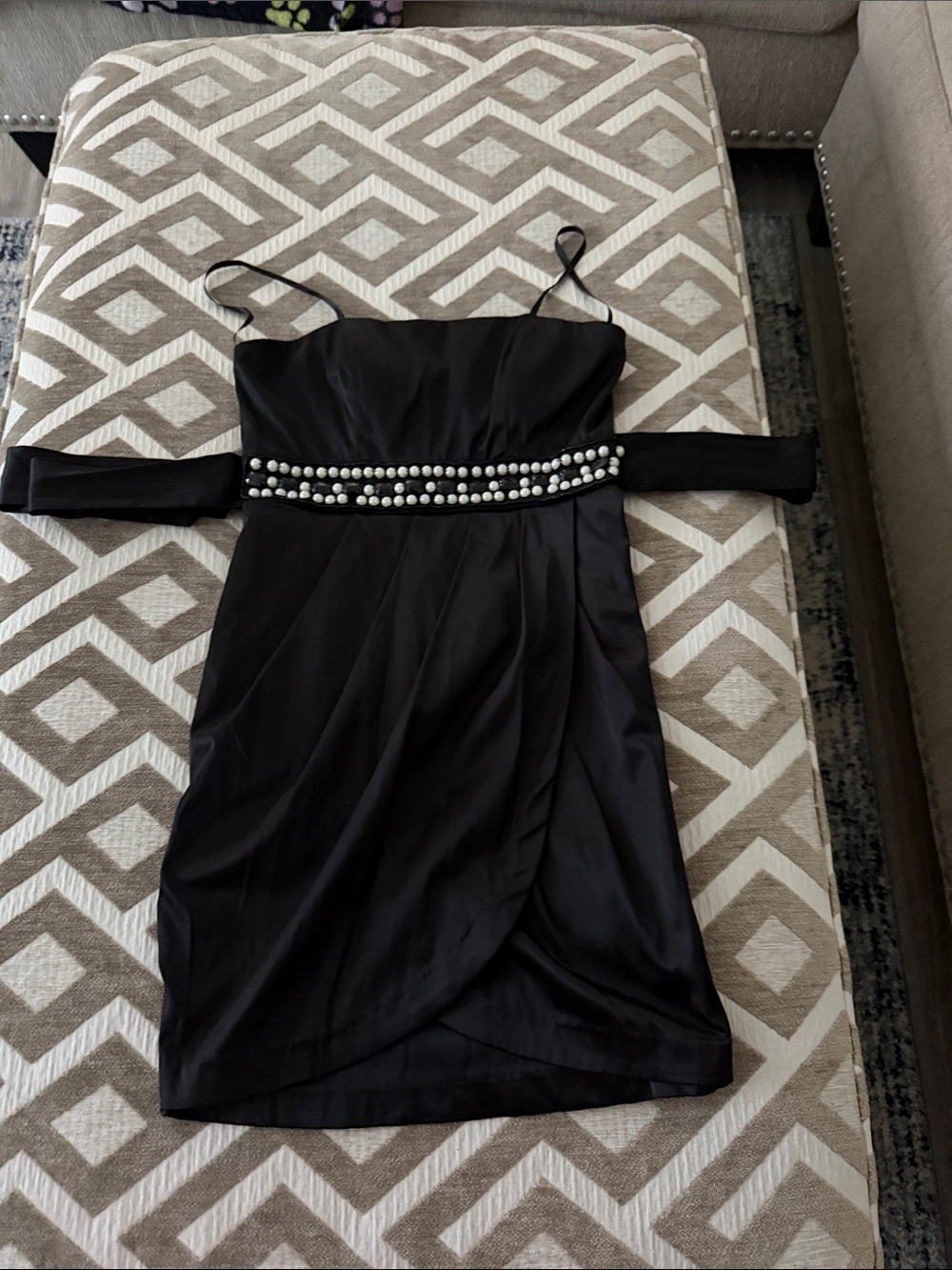 City Triangles Black Mini Dress with Pearl Beaded Waist